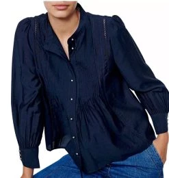Ba&Sh Laura Pintucked High Neck Blouse in Navy for women