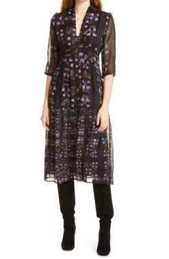 Ba&Sh Haline V-Neck Floral Midi Dress in Nuit for women